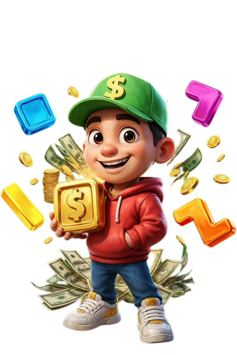 Personagem Block Blast segurando um prêmio em dinheiro
